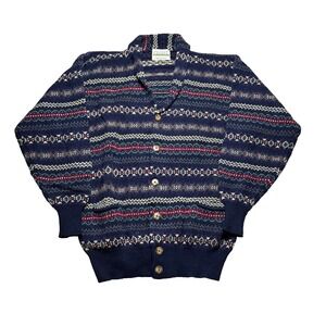 Cricket Vtg Fair Isle Cardigan Sweater Mens L Shetland Wool Shawl Collar Nordic